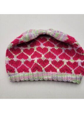 Hand Knit Handmade Hat Beanie Girls 3T - 10Y Pink Hearts Colorful  KT019 - 2